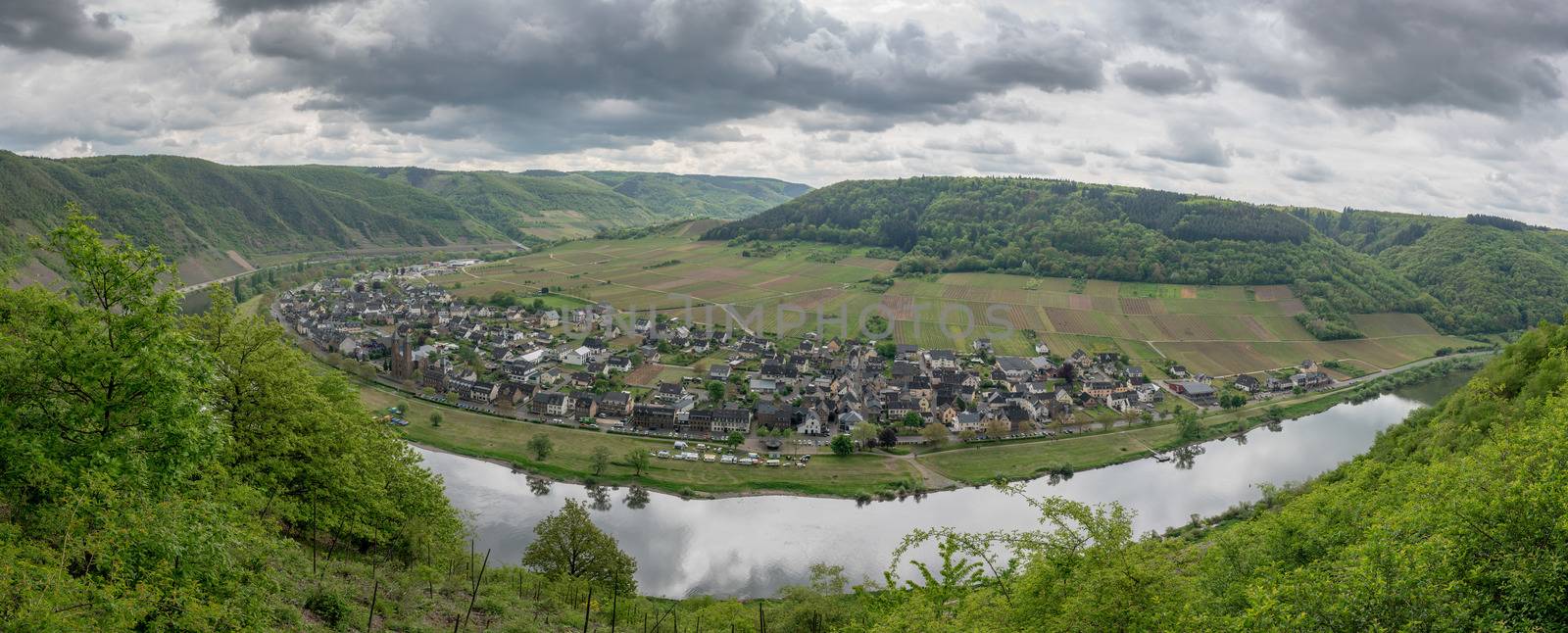 Panoramic image of the Moselle village Ernst close to Cochem on a dully day in springtime, Germany