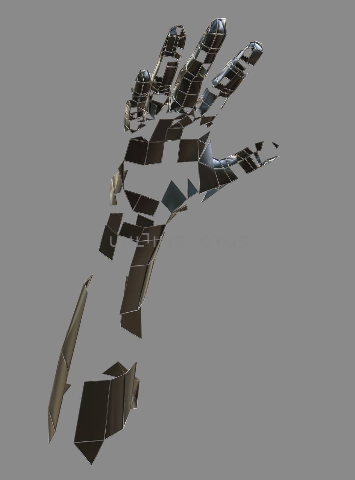 Abstract robot hand. Metal hand on grey background. 3D illustration