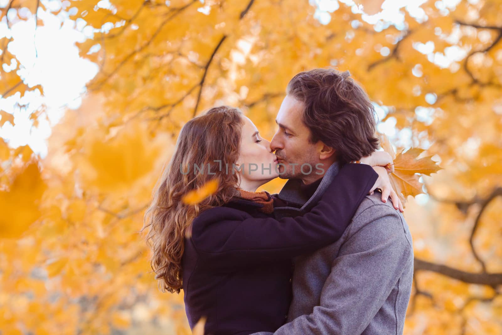 Couple kissing in autumn park by ALotOfPeople