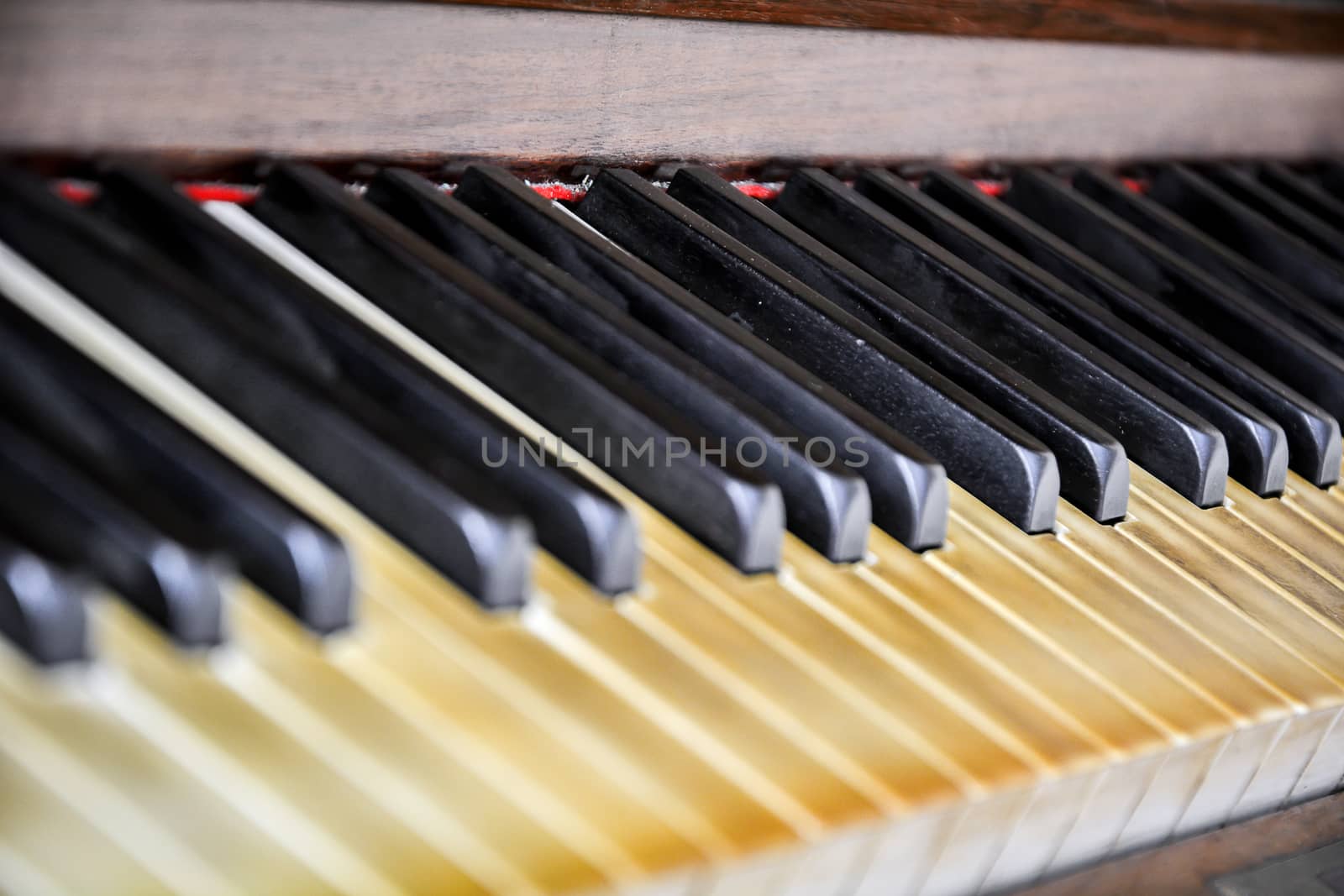 close-up view of the keys of a ancient ruined piano