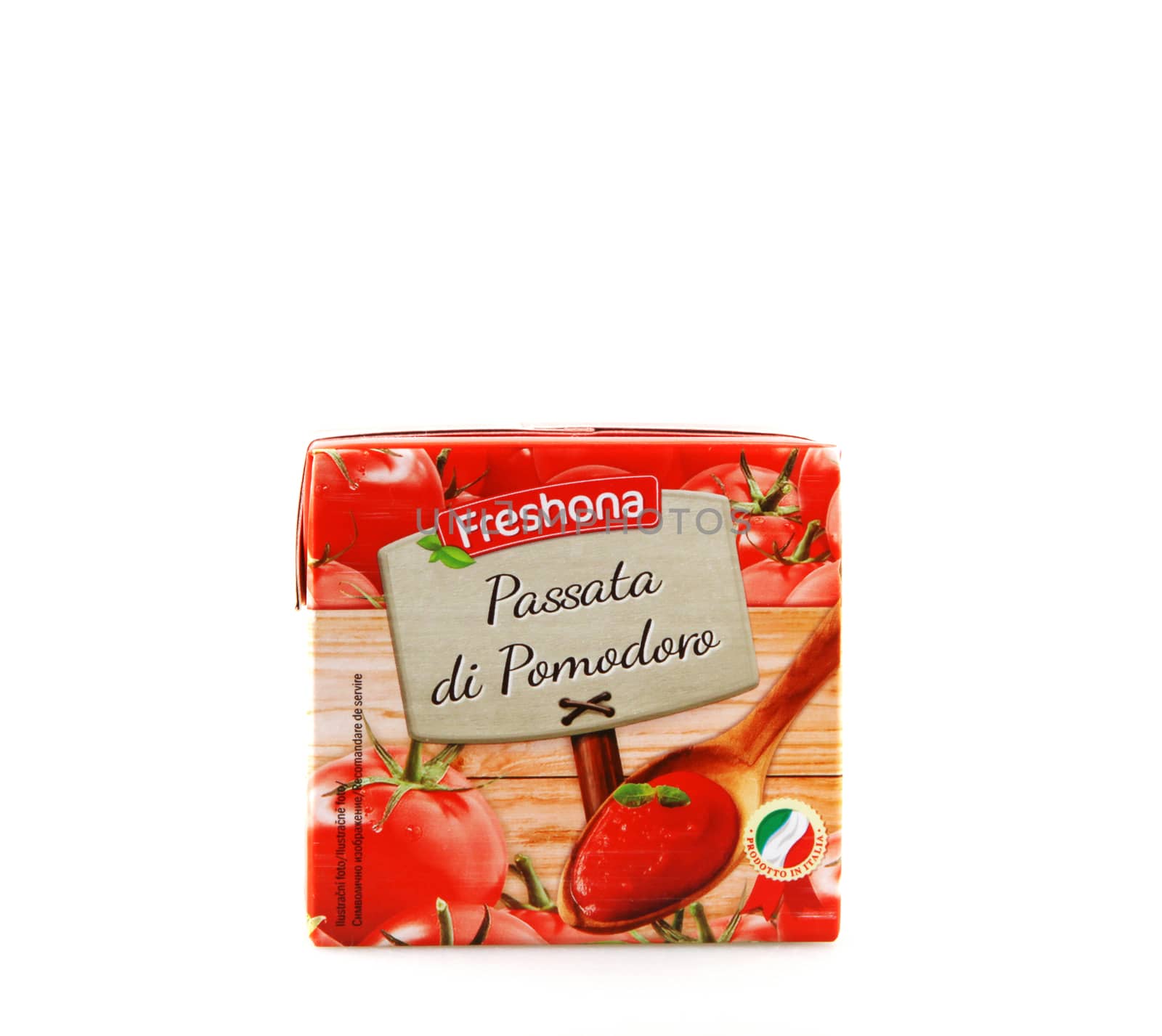 Pomorie, Bulgaria - August 30, 2019: Freshona Tomato Passata - 500 g. Tomato Purée Is A Thick Liquid Made By Cooking And Straining Tomatoes.