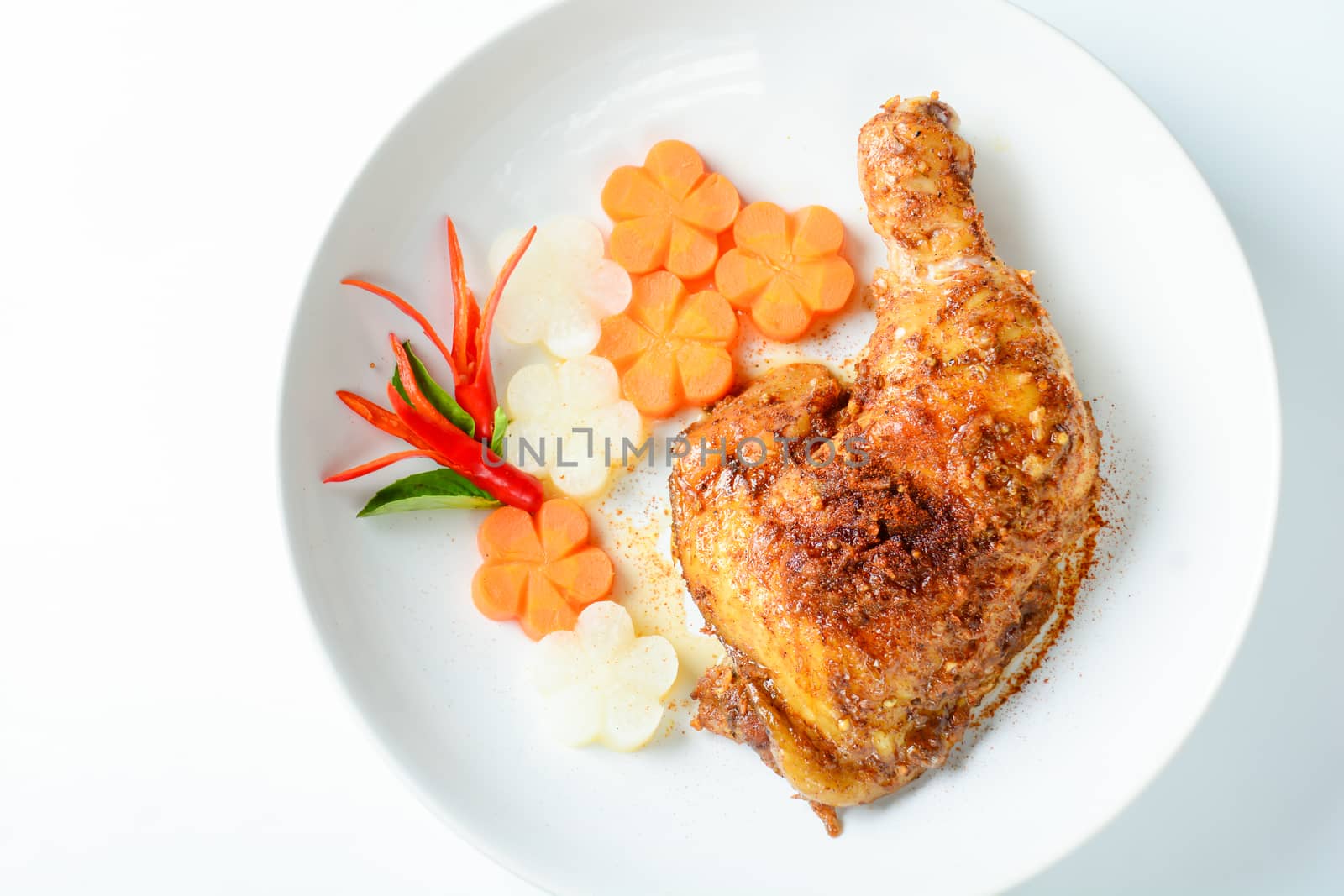 Hot and spicy baked chicken on white plate
