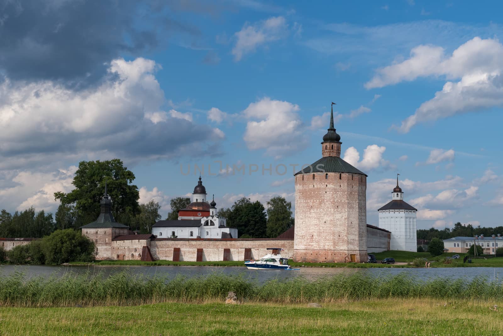 Kirilov, Russia - July 27, 2019:View from lake to Kirillo-Belozersky monastery. Monastery of the Russian Orthodox Church, located within the city of Kirillov, Vologda region. Russia