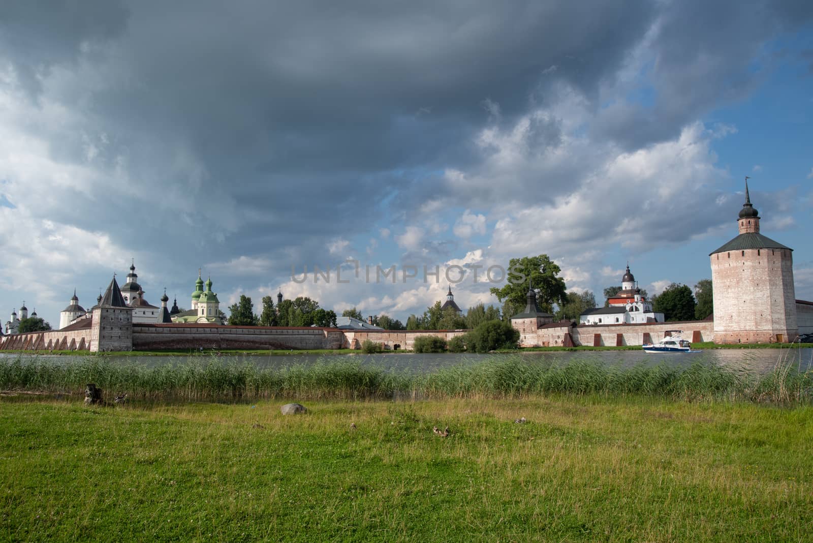 Kirilov, Russia - July 27, 2019:  View from lake to Kirillo-Belozersky monastery. Monastery of the Russian Orthodox Church, located within the city of Kirillov, Vologda region. Russia