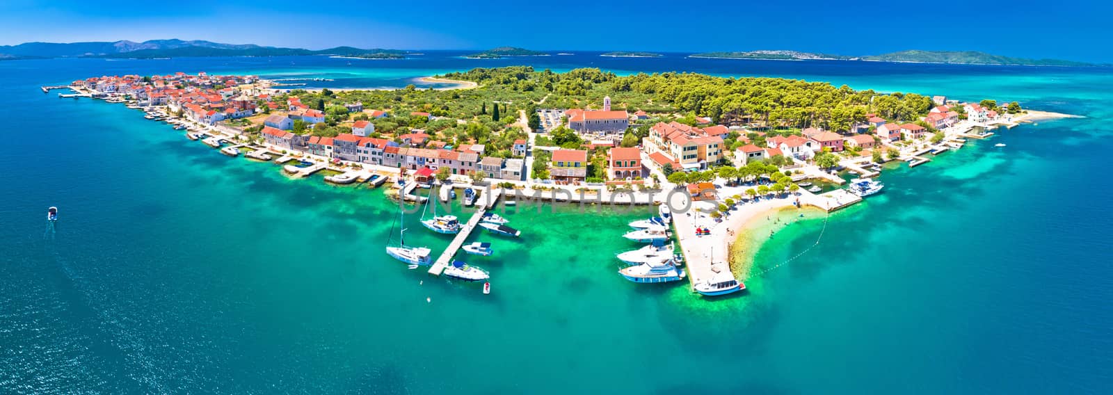 Colorful archipelago of Krapanj island aerial panoramic view, sea sponge harvesting village, Sibenik archipelago of Croatia