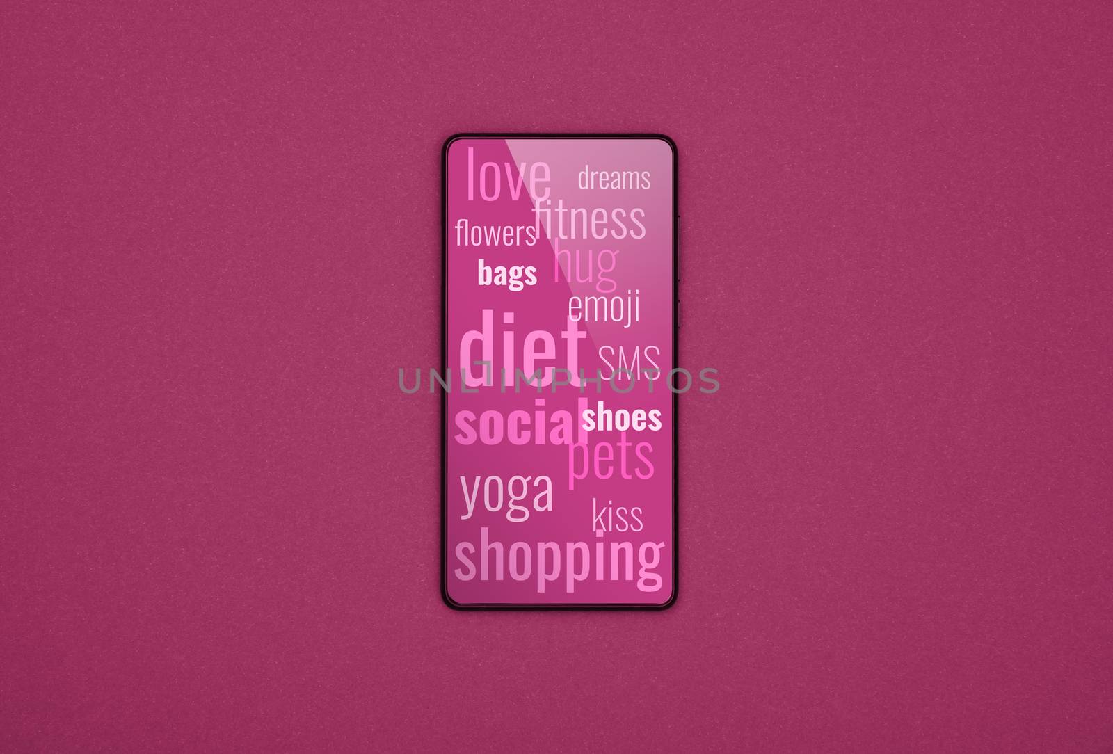 Close up one smartphone with messages of values, interests, hobbies, search and lifestyle of women on screen over pink purple background