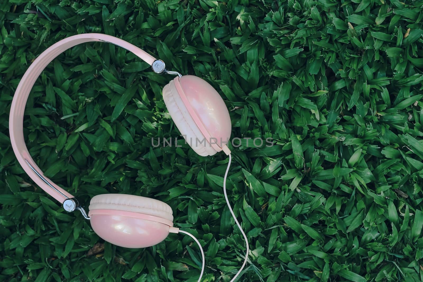 Music headphones on the green grass