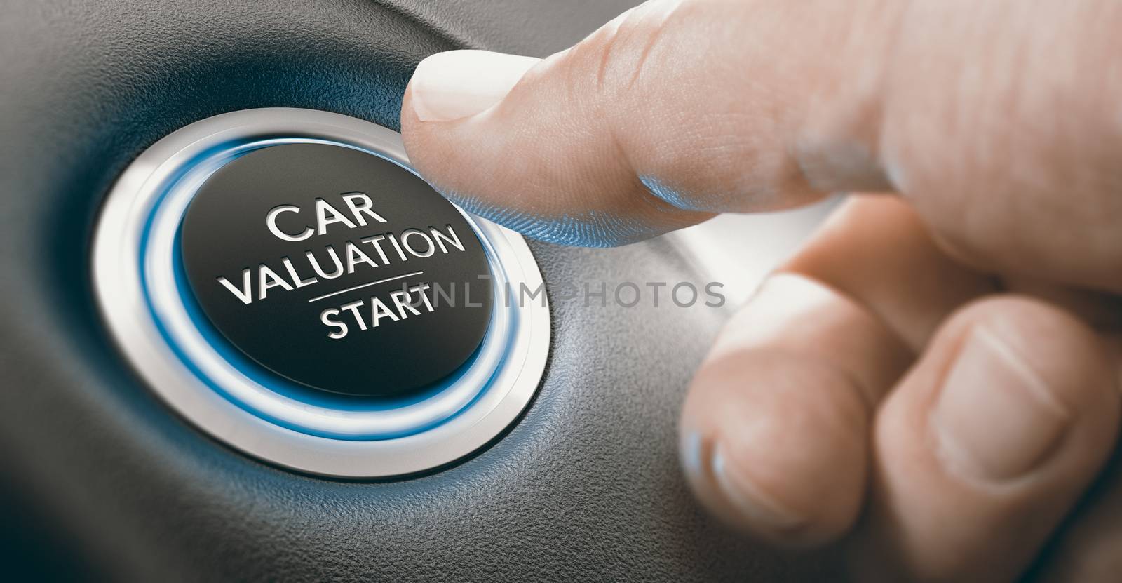 Finger pressing a keyless ingnition button where it is written the text car valuation start. Composite image between a hand photography and a 3D background.