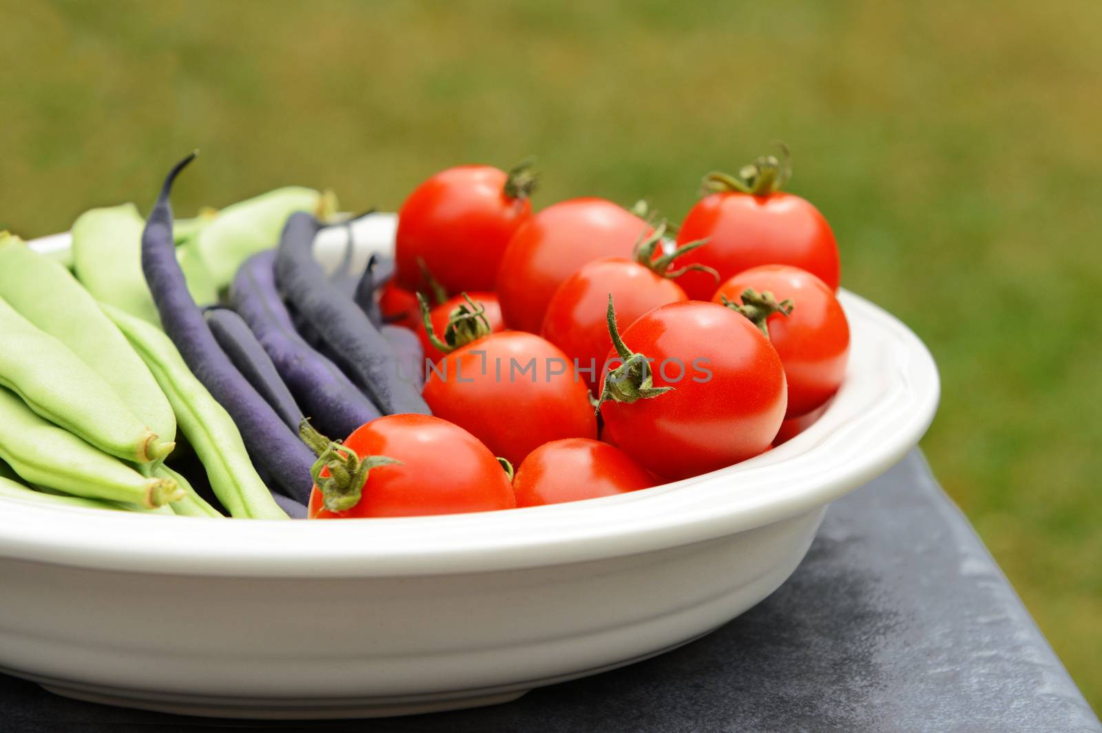 Calypso and French beans in a ceramic dish with ripe red tomatoes on a table outside