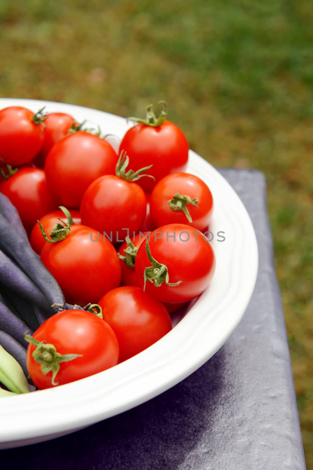 Ripe red tomatoes in a white serving dish by sarahdoow