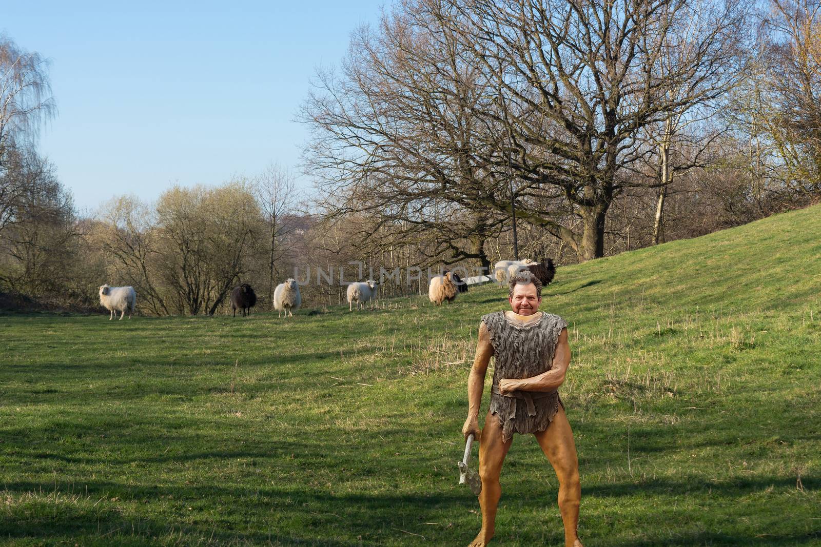 Cartoon illustration of a Neanderthal figure made of plastic with hatchet on a meadow while hunting for sheep