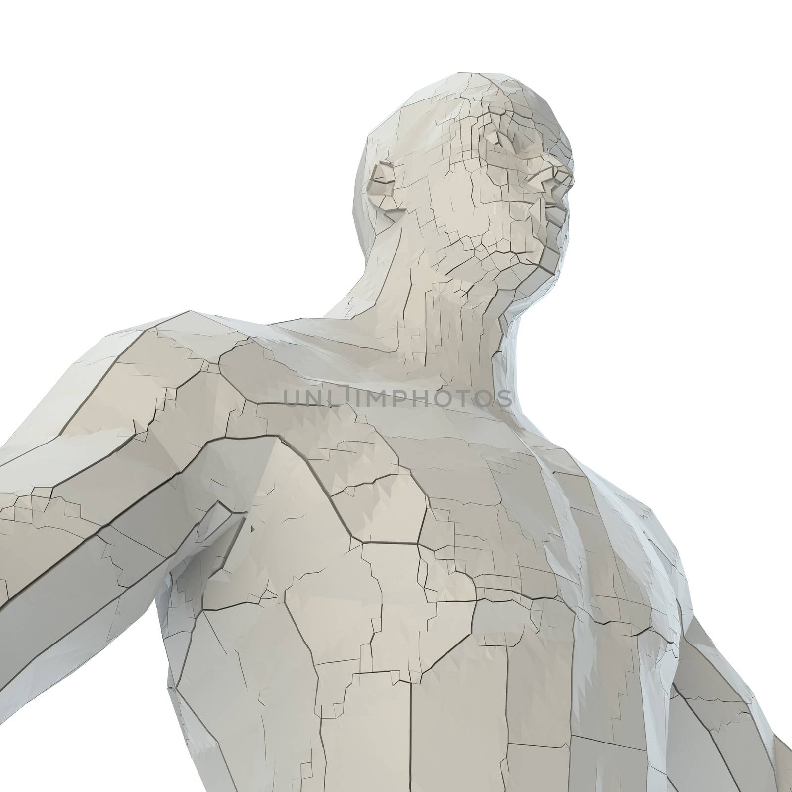 Abstract muscular robot or bodybuilder of white color with cracks in the body. 3D illustration. Isolated on white background