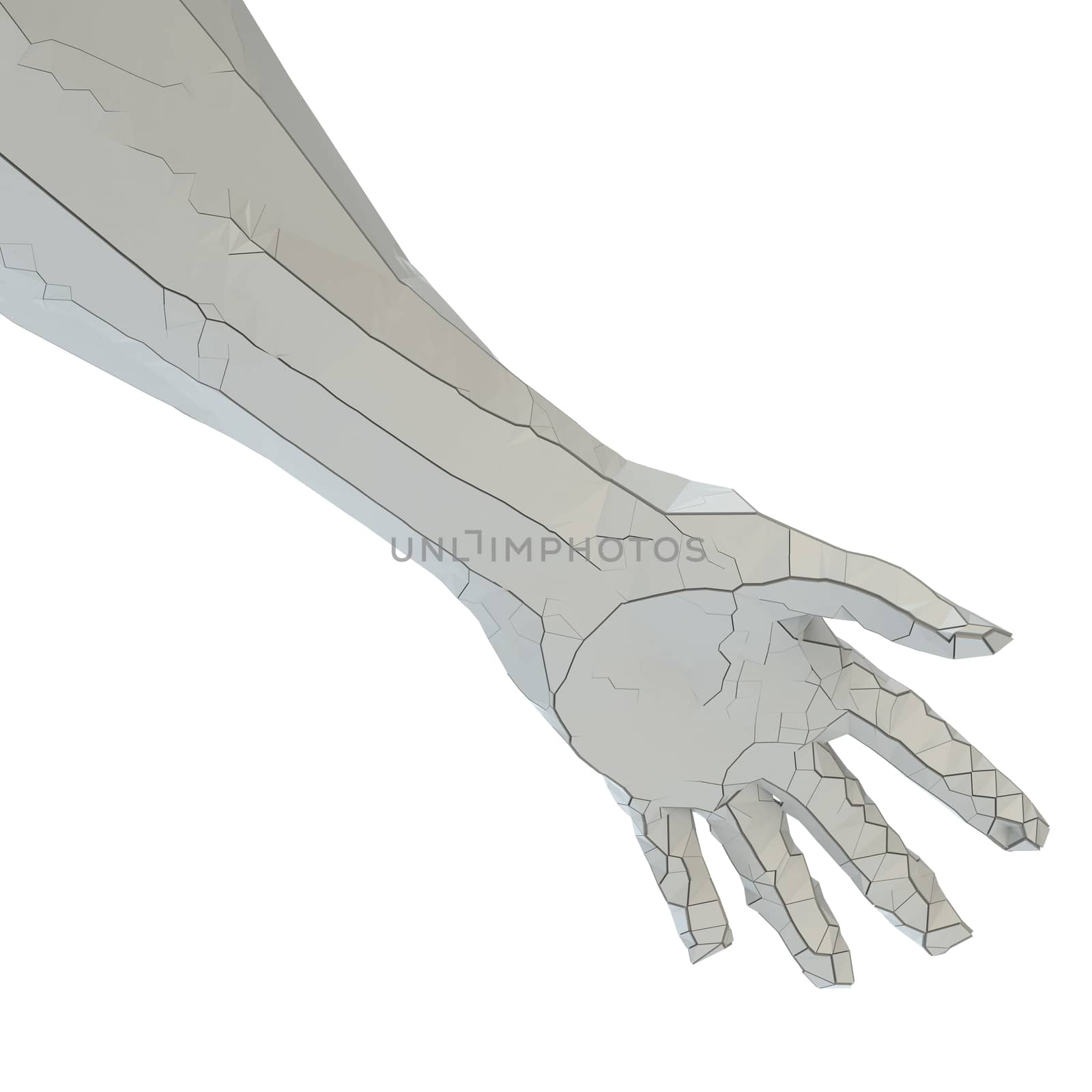 Abstract robot hand of white color with cracks. 3D illustration. Isolated on white background