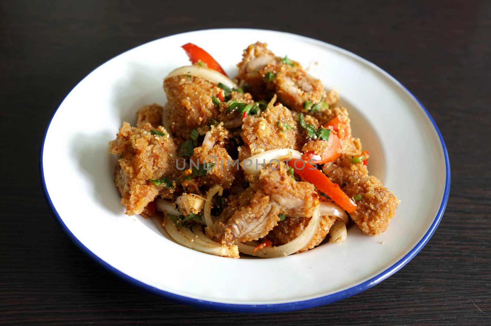 Thai food, Spicy crispy deep-fried chicken salad or Thai name is Yum Kai Zap