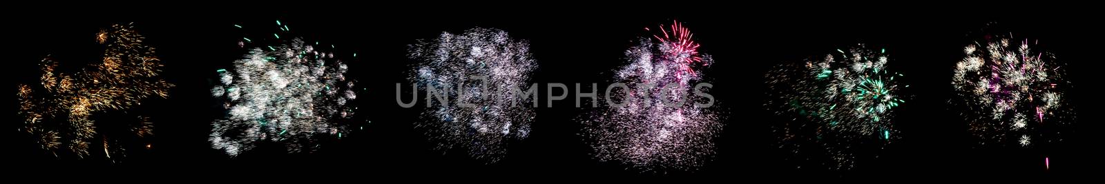 Set of multicolored flashes of fireworks isolated on black background.