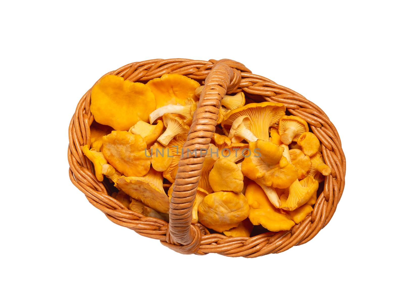 Group of edible forest chanterelle mushrooms in wicker basket isolated on white background, top view.