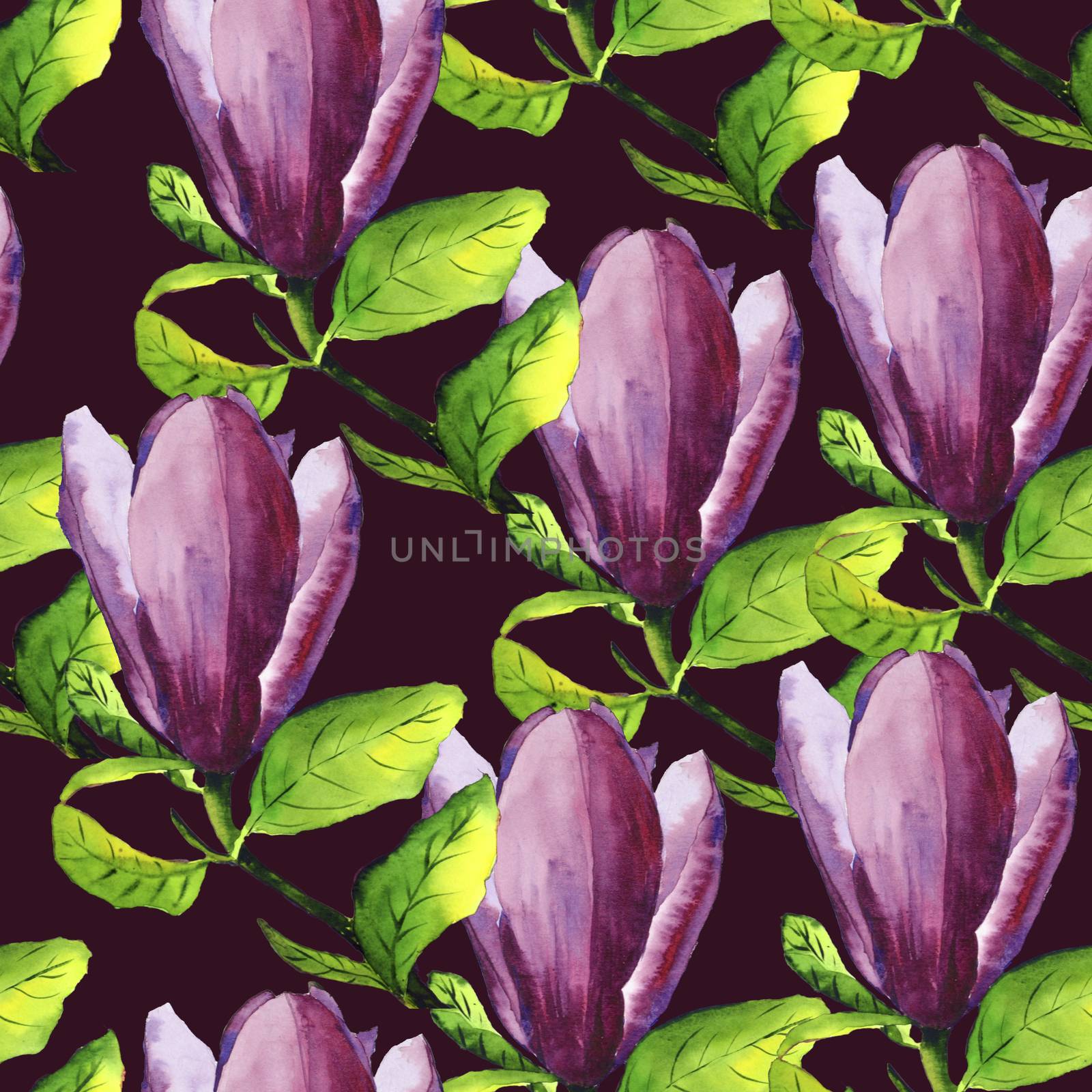 Watercolor hand-drawn magnolia flower with pink flower and green leaves seamless pattern by kimbo-bo