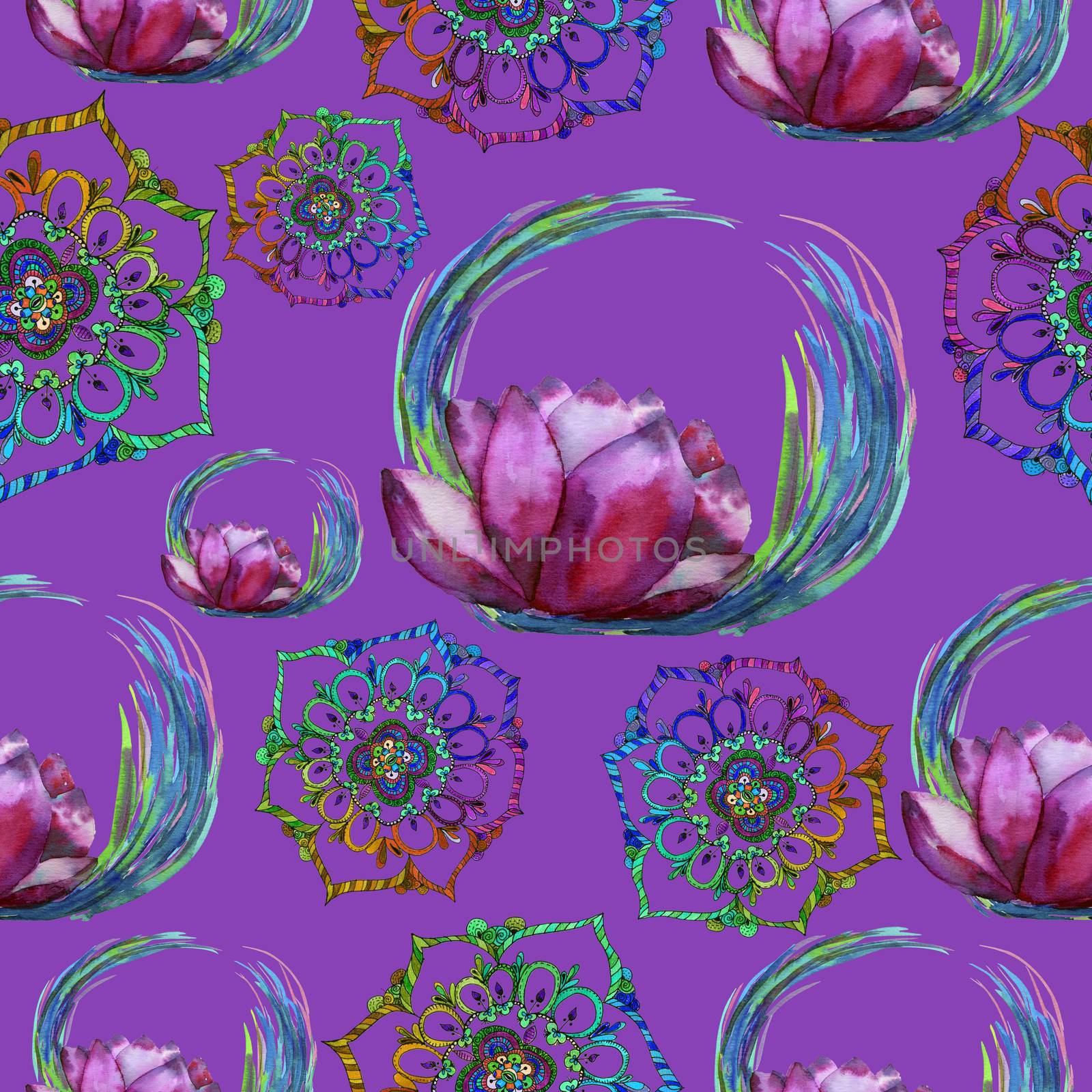 Lotus and mandala esoteric seamless pattern in watercolor by kimbo-bo