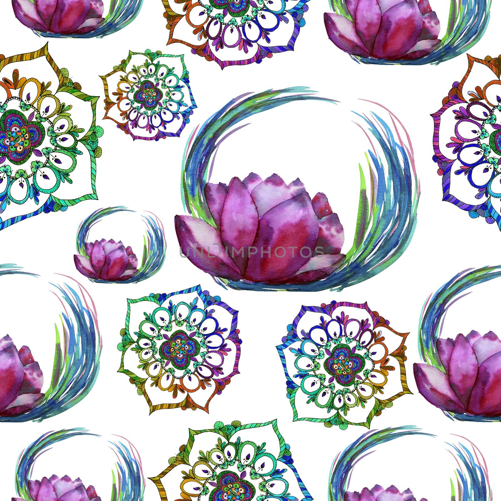 Lotus and mandala esoteric seamless pattern in watercolor by kimbo-bo