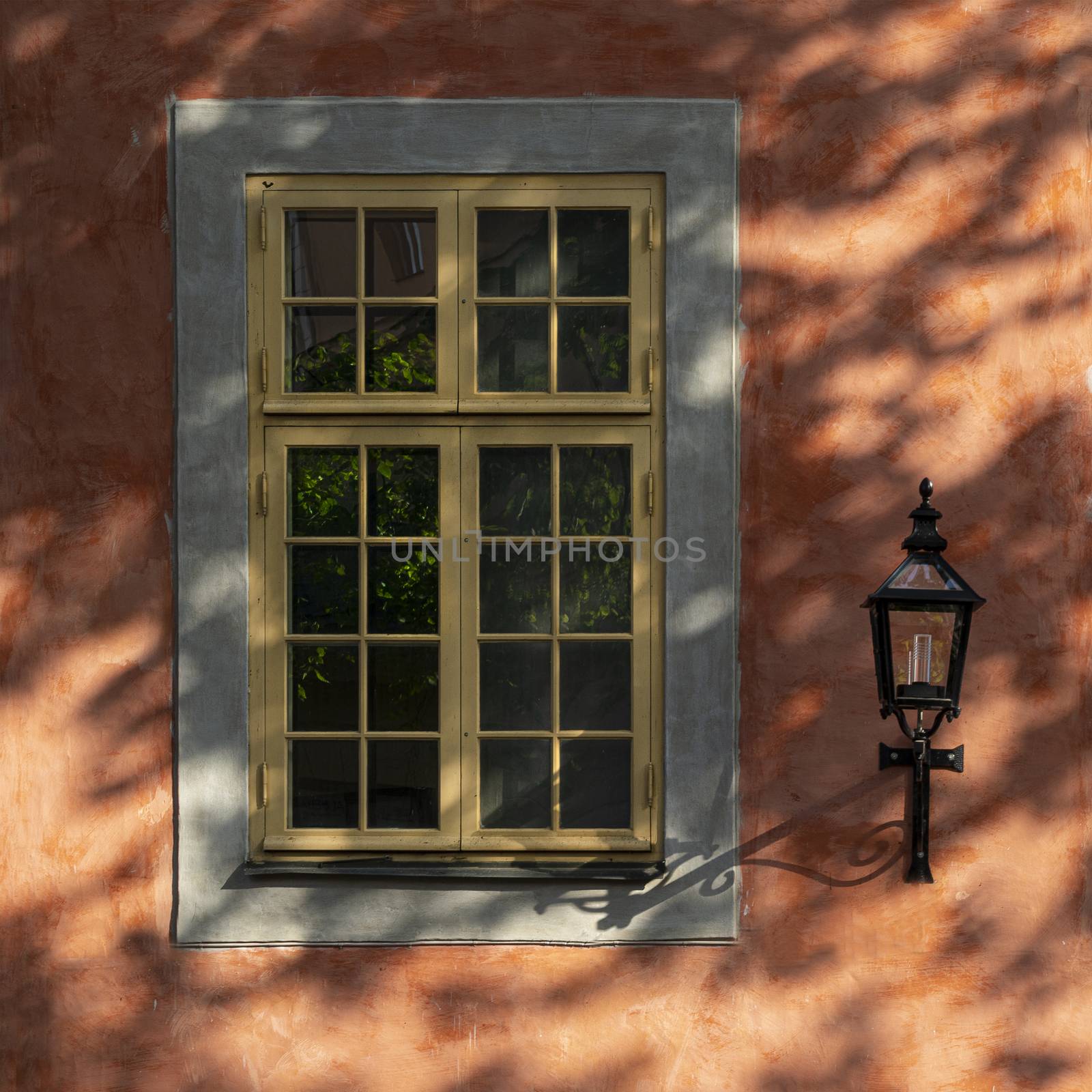 Stockholm, Sweden. September 2019.  an old window in the shade of a tree on Gamla Stan island