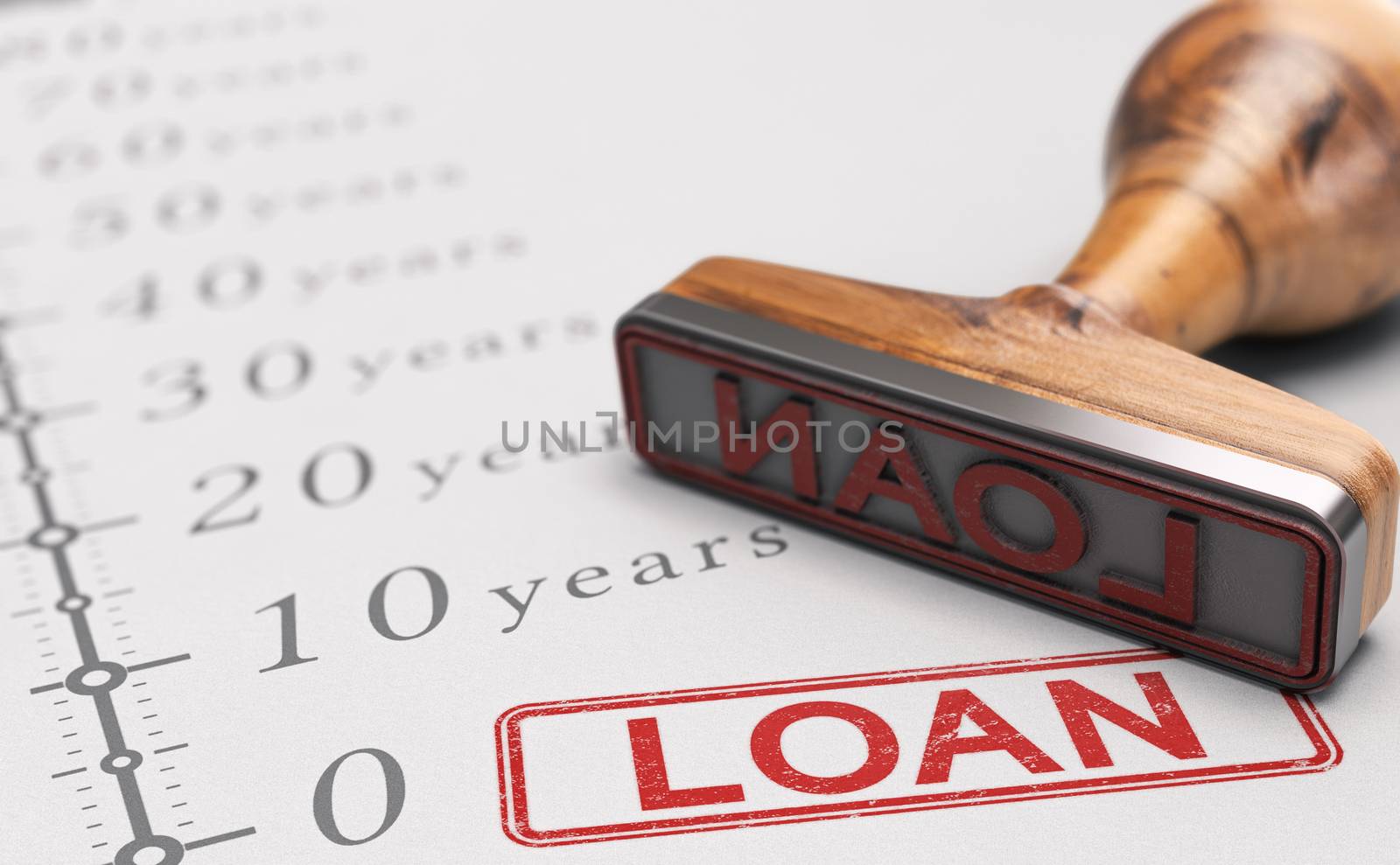 Close up of a rubber stamp with the text loan over timeline. Concept of term loan. 3D illustration