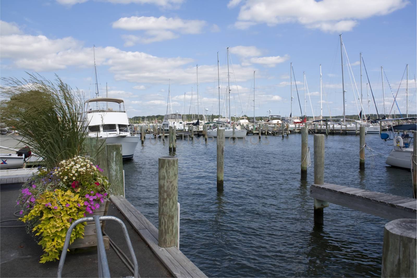 Boats and yacht docked in Mystic Connecticut Marina USA