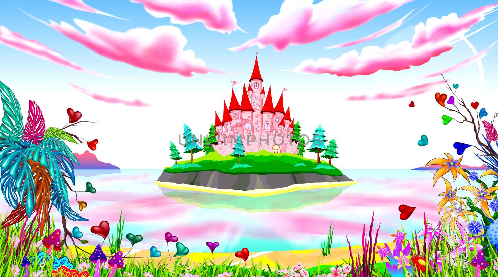 Fantasy fabulous landscape. The island has a pink princess castle. Seascape. Blue sky with pink clouds. Fabulous plants and flowers.