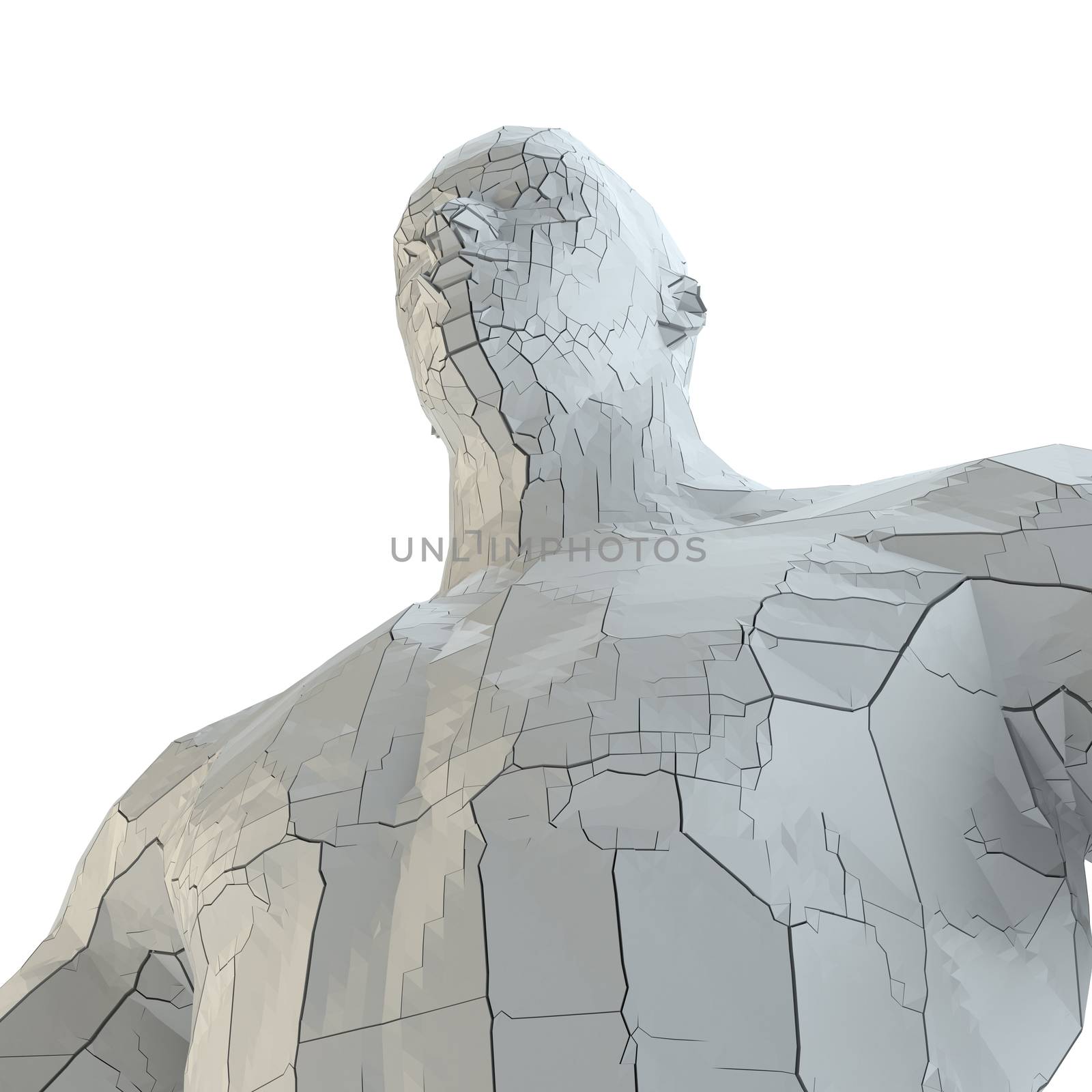 Abstract muscular robot or bodybuilder of white color with cracks in the body. 3D illustration. Isolated on white background