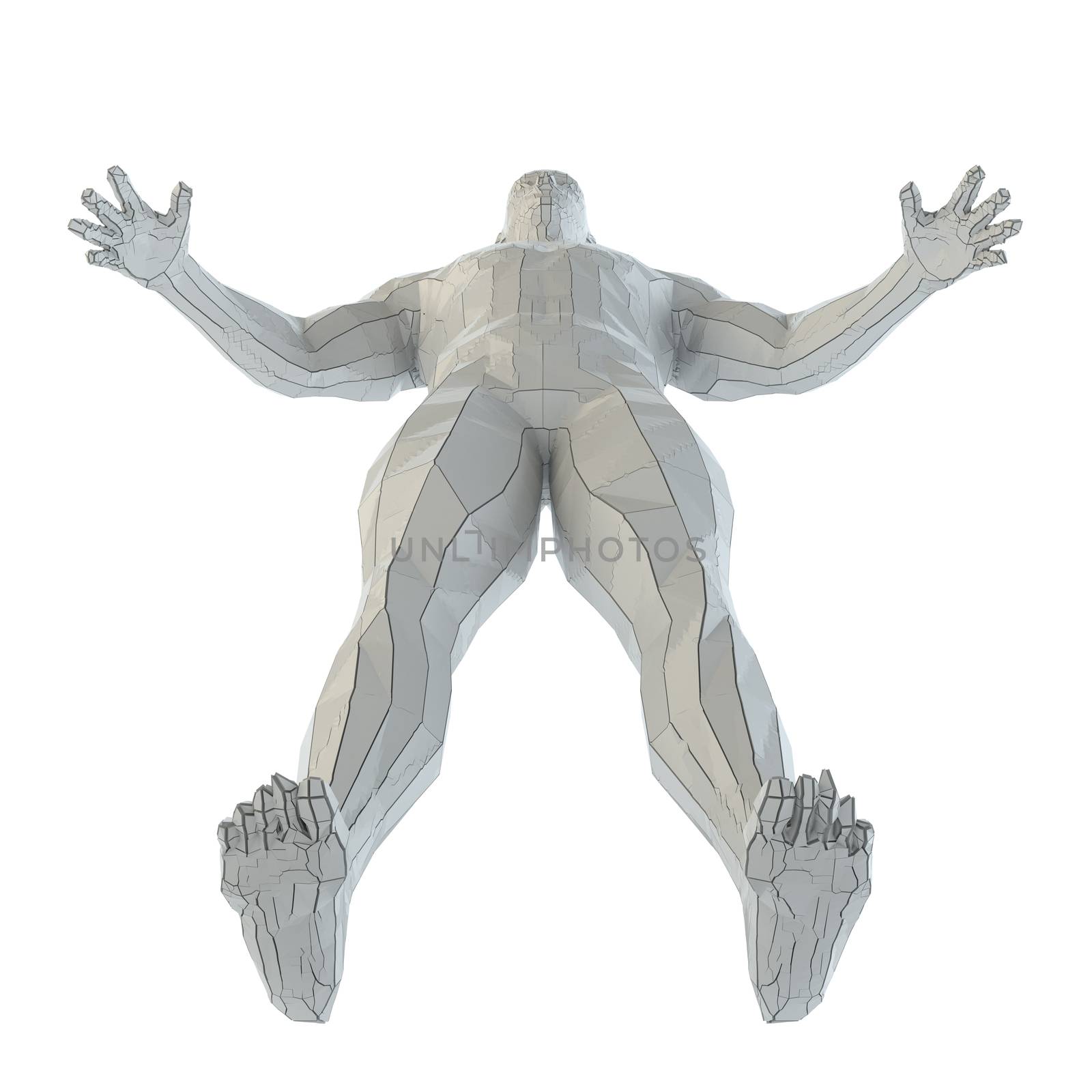 Abstract muscular robot or bodybuilder of white color with cracks in the body. 3D illustration. Isolated on white background