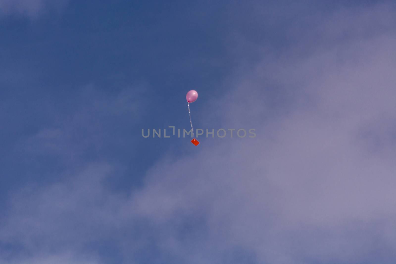 Pink balloon with ribbon and greeting card in front of blue sky