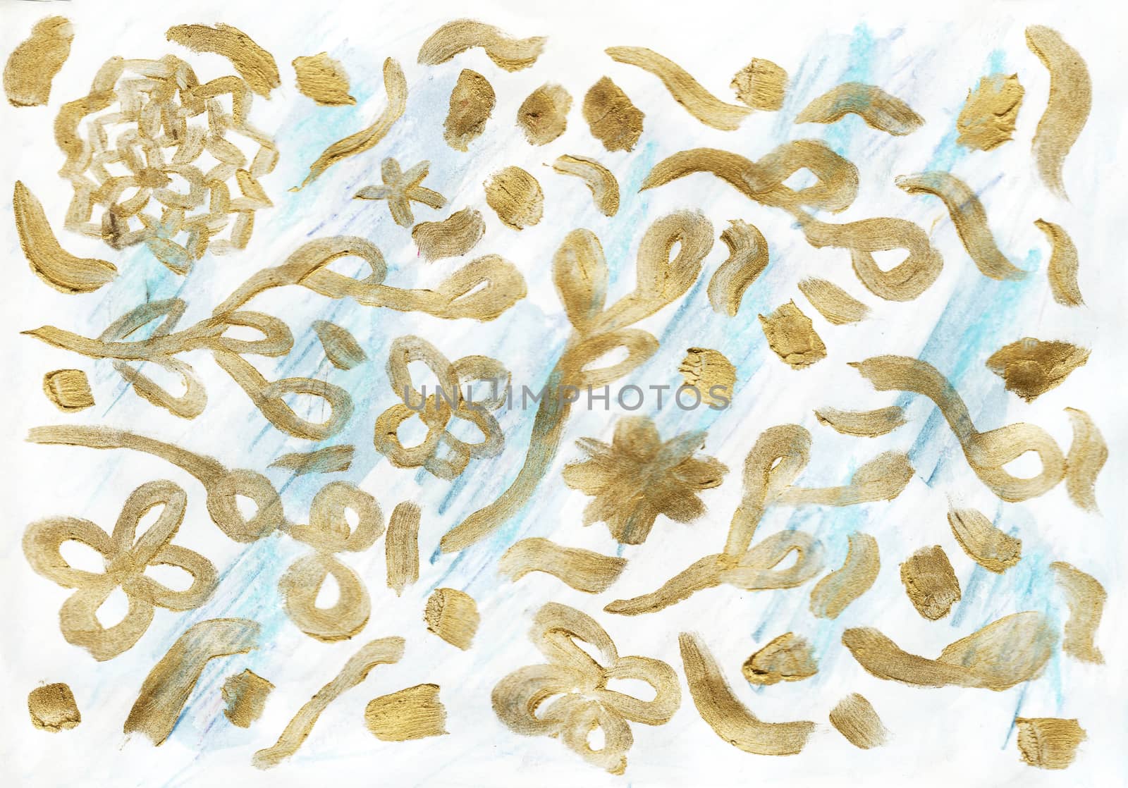 Golden flower and leaves hand painted illustration on white background. Flower decoration design for card, backdrop, covers, wallpaper