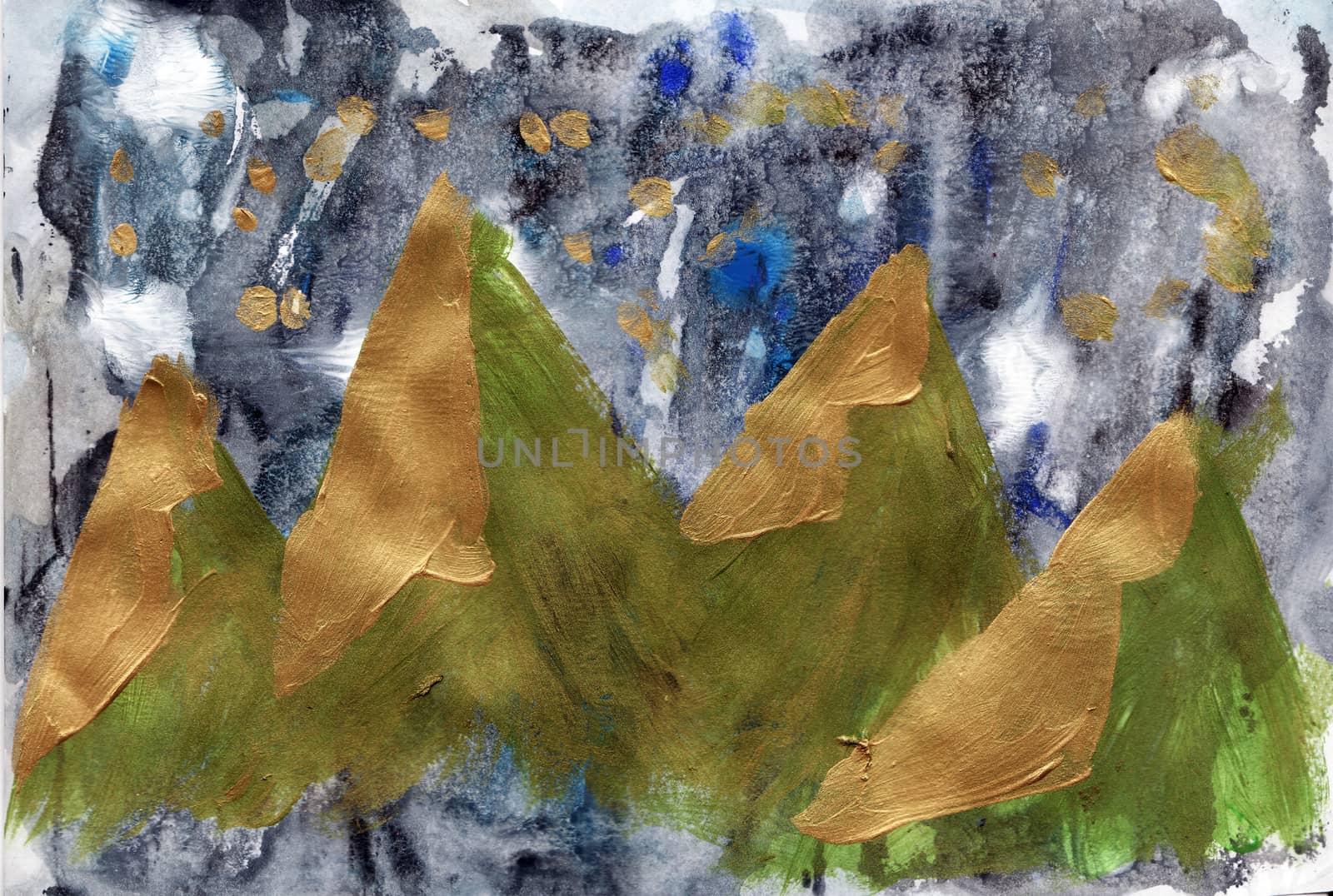 Hand painted texture gold autumn in the mountains. Acrylic metal and gouache paint.