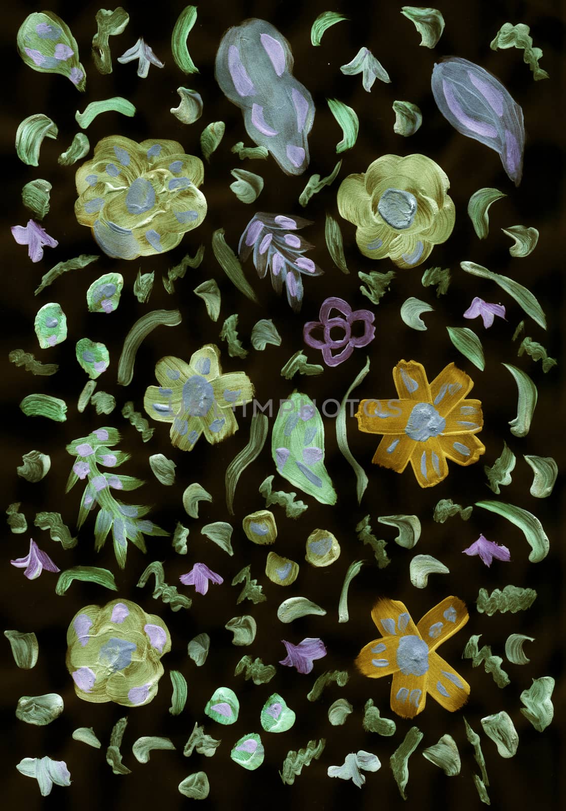 Blue, purple and gold leaf hand painted floral illustration on black background.Flower decoration design for card, backdrop, covers, wallpaper