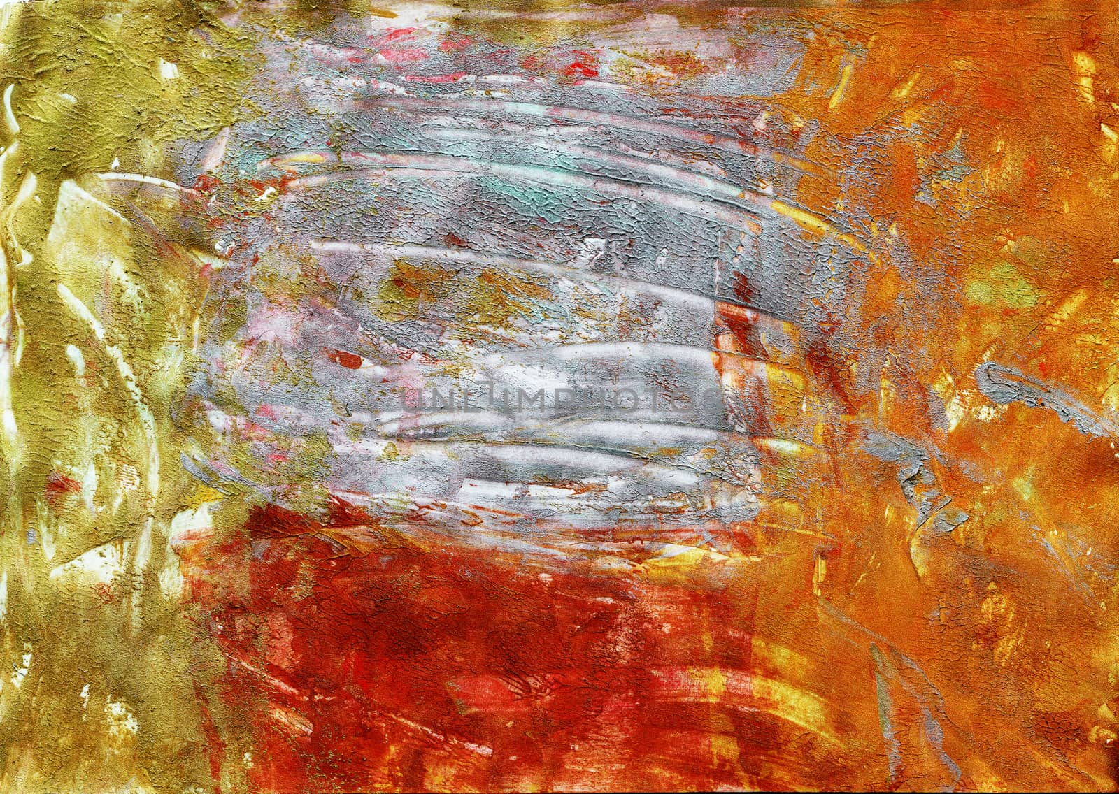 Autumn colour abstract background. Gold, silver, red and orange acrylic and gouache brush strokes. Hand painted texture, splashes, stains, smears. Design for packaging, card, wallpaper, gift wrapping.