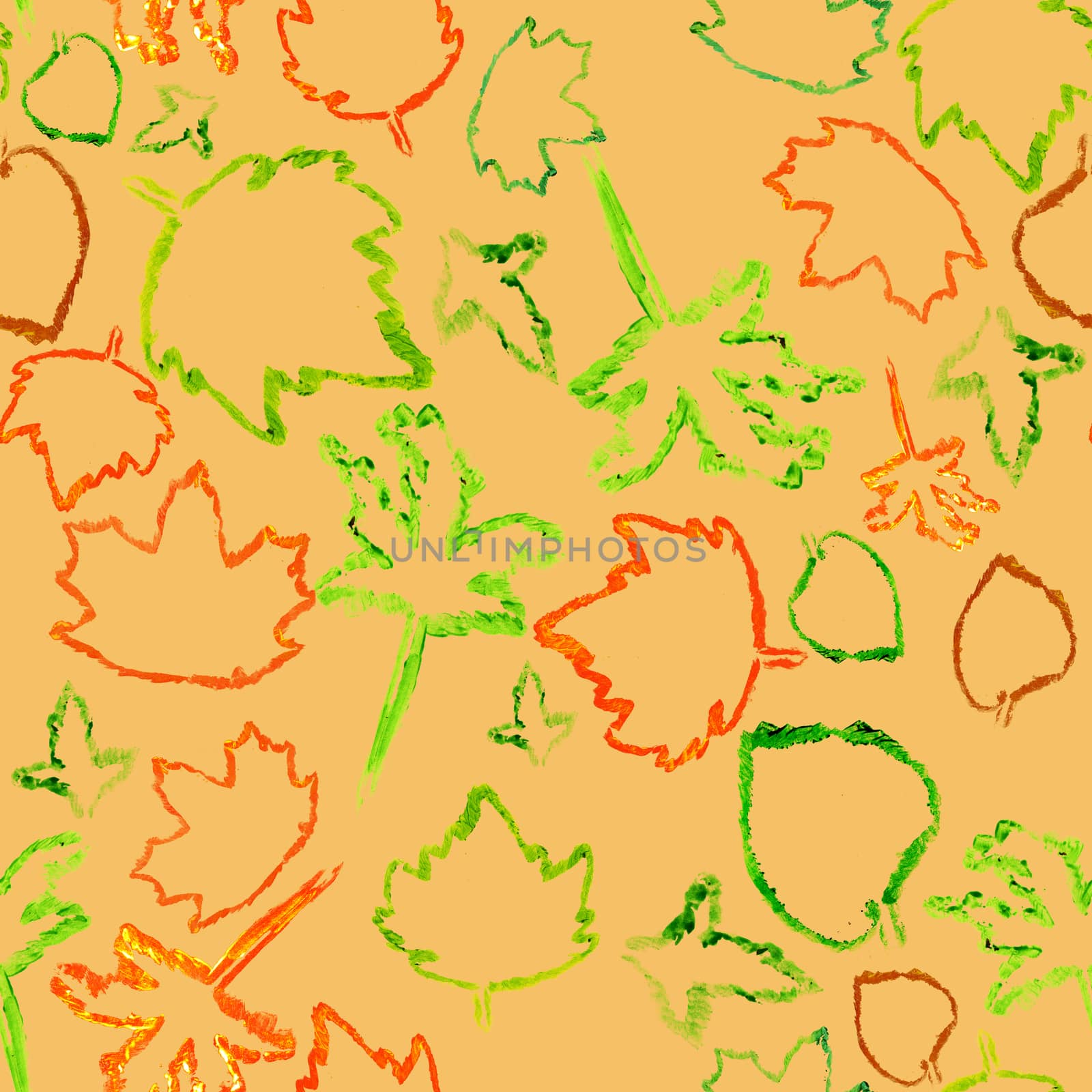 Seamless pattern with green and red autumn leaves silhouette on yellow background.