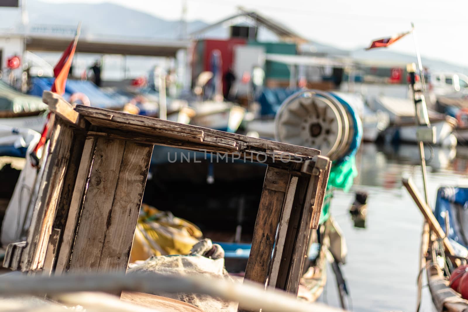 a shoot from a fisherman bay - there is some wooden boxes with blurry background. photo has taken at izmir/turkey.