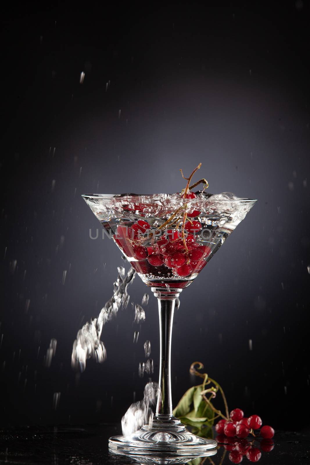 Bunch of red currant falling into the glass of water