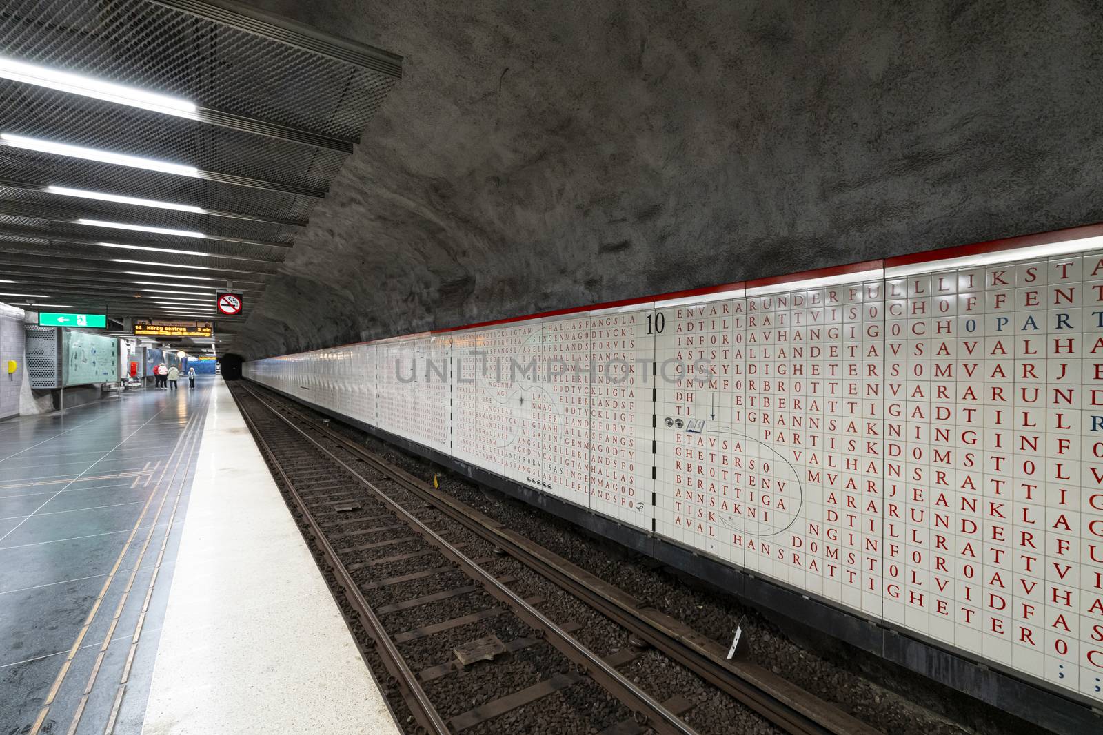 Stockholm, Sweden. September 2019.   A view of the decorations of  Universitetet  Metro Station platforms