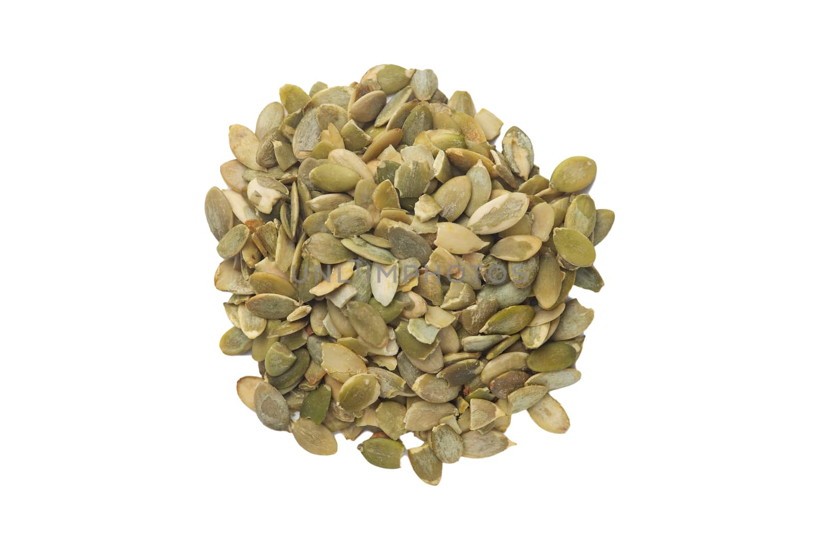 Pumpkin seeds isolated on white background. Stock photo of healty food ingredients. Vegan and vegetarian food.