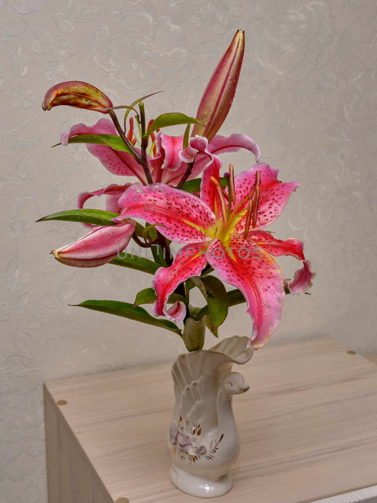 Bouquet of pink flowers in vase isolated on white background