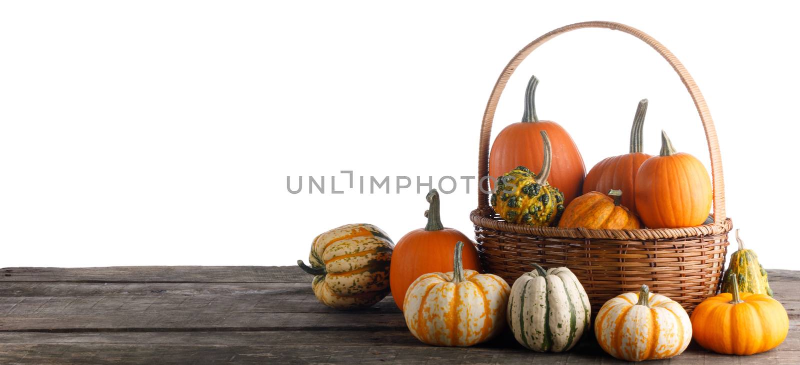 Many pumpkins in basket on wooden table isolated on white background , Halloween or Thanksgiving day concept