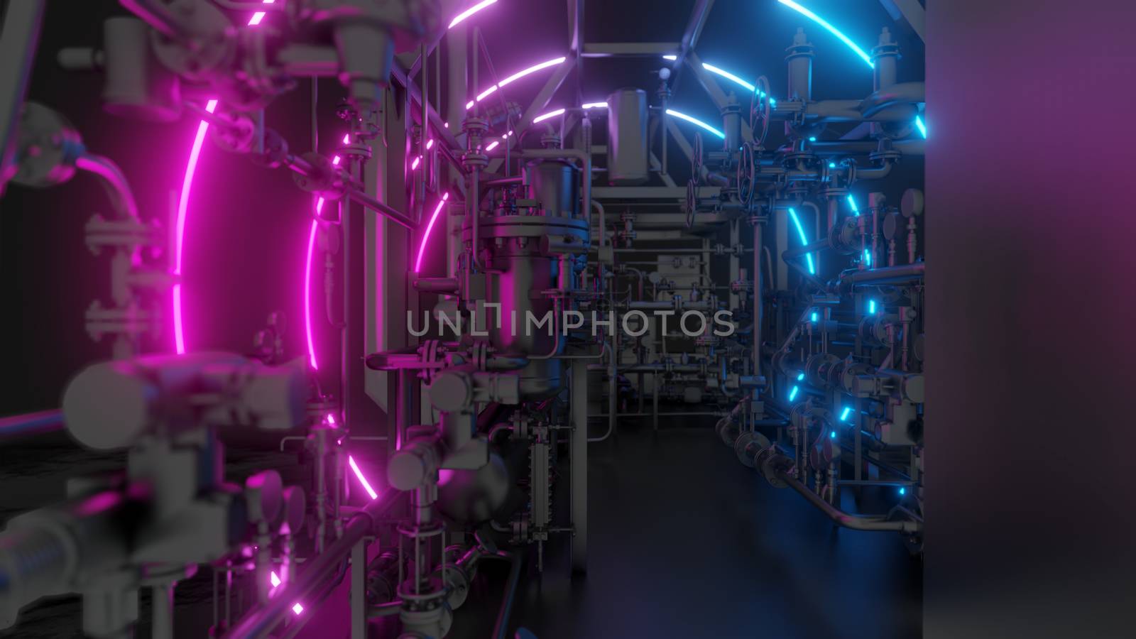 Abstract Industrial Equipment with Neon Lights. Ultraviolet light. 3D illustration