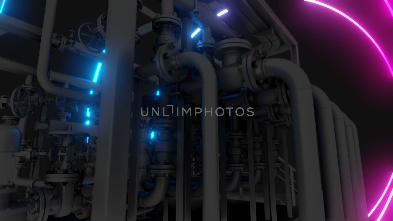 Abstract Industrial Equipment with Neon Lights. Ultraviolet light. 3D illustration