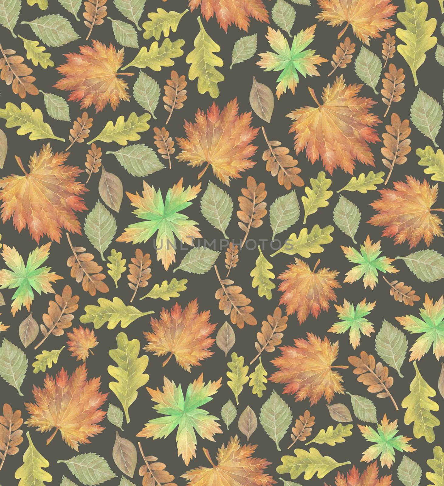 Seamless pattern with different autumn leaves, hand-drawn watercolor painting