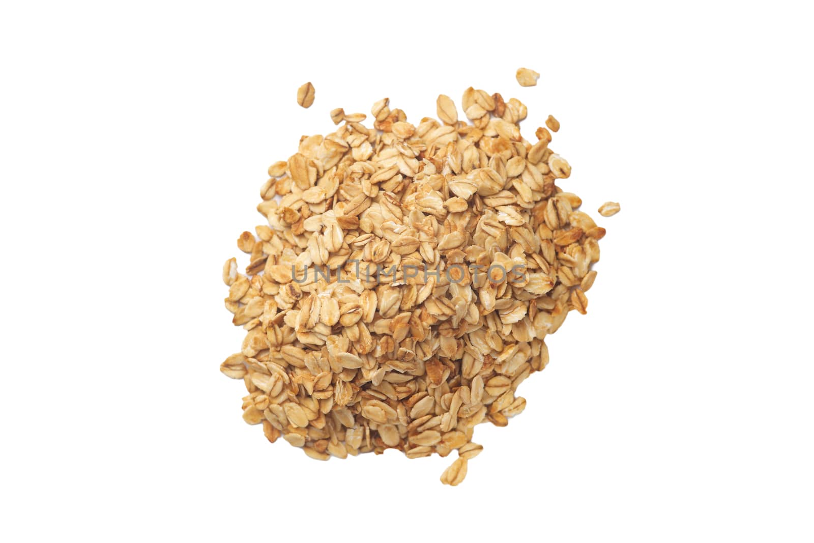 A bunch of cereal granola flakes isolated on white background. Stock photo of healty diet ingredients. Concept of vegan and vegetarian healty food.