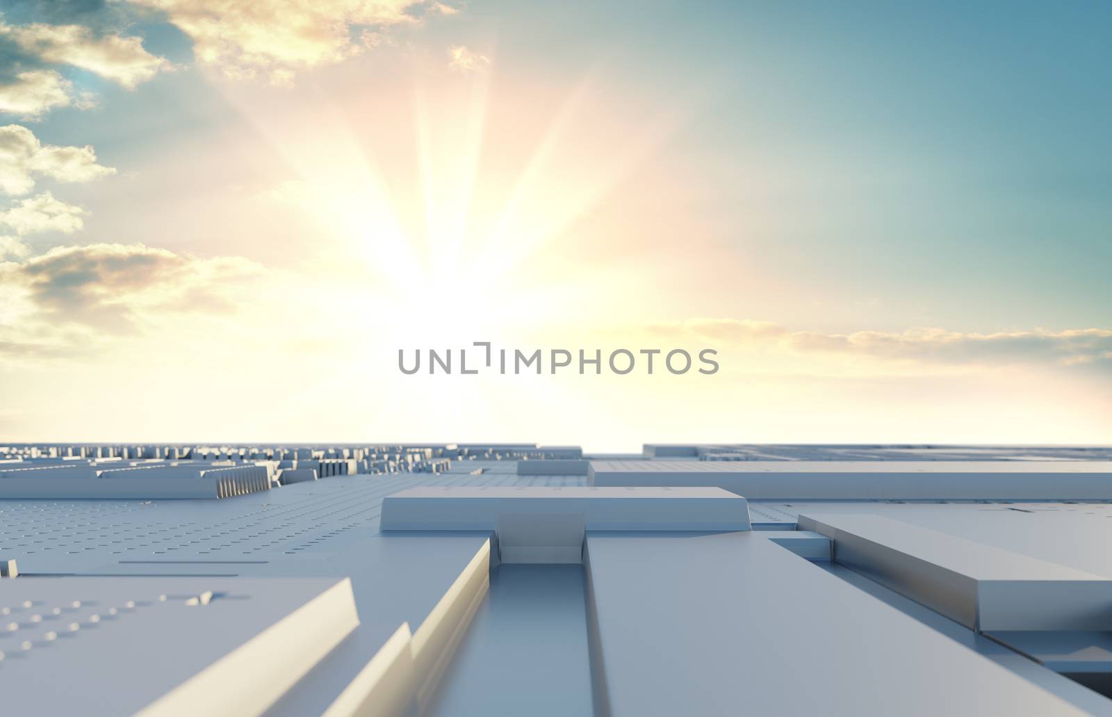 Abstract futuristic surface of a spaceship against the backdrop of dramatic sunset or sunrise. Beautiful background for your tech design. Cubes, reflection. 3D illustration