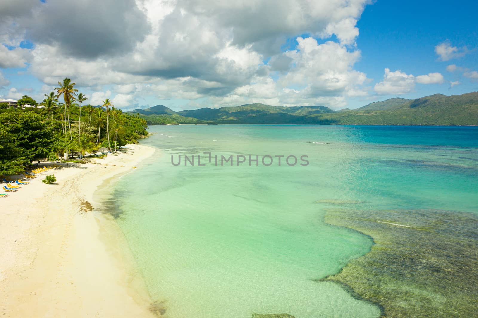 Drone view of tropical beach.Samana peninsula,Playa(beach) Rincon beach,sunny day.Dominican Republic.