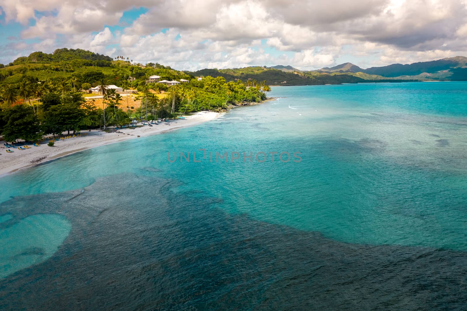 Drone view of tropical beach.Samana peninsula,Playa(beach) Rincon beach,Dominican Republic.