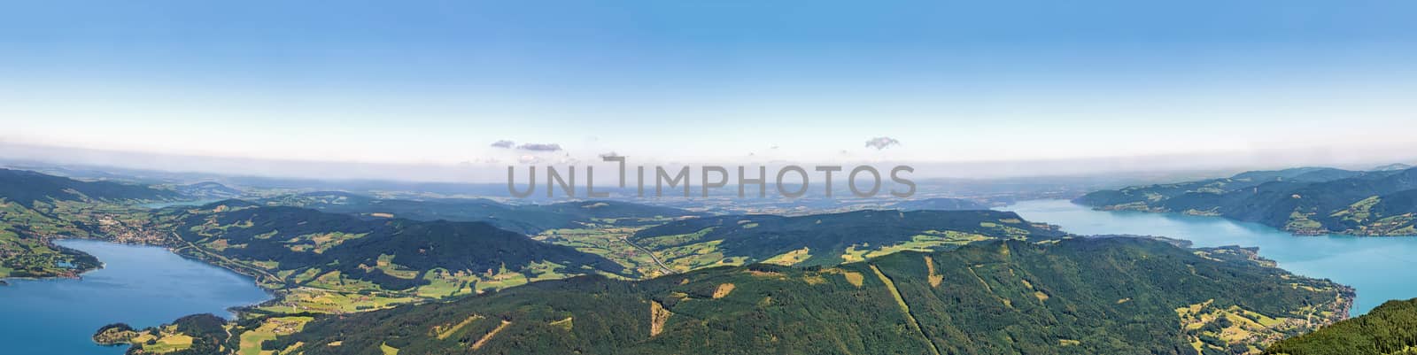 Panoramic view of Attersee and Mondsee lakes from Schafberg mountain, Austria