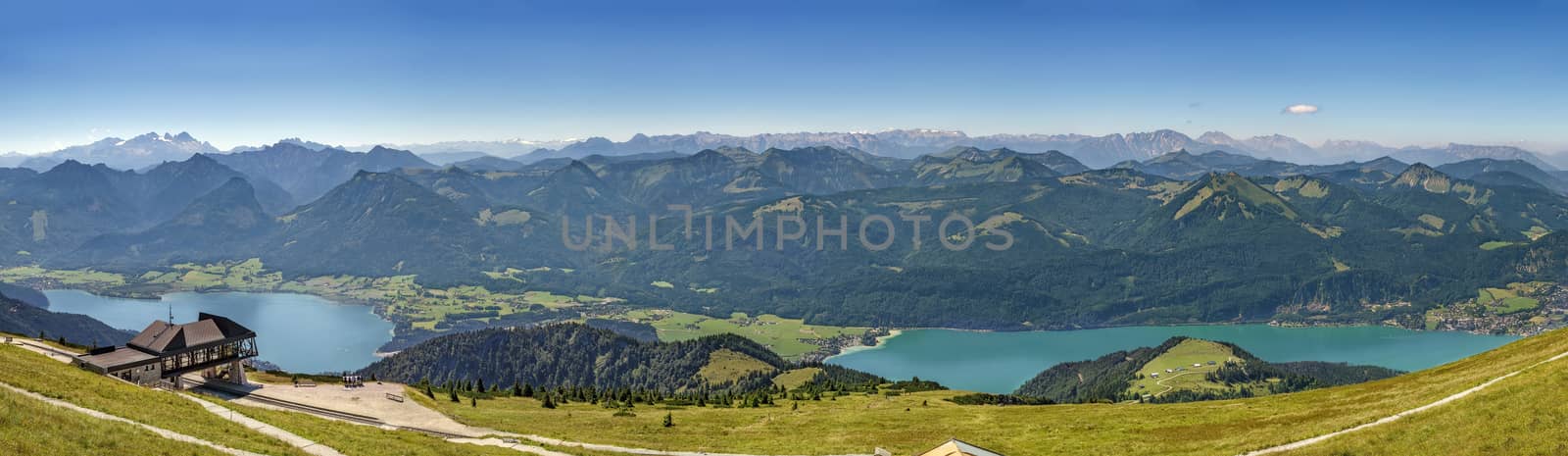 Panoramic view of Alps mountain with Wolfgangsee lake from Schafberg mountain, Austria